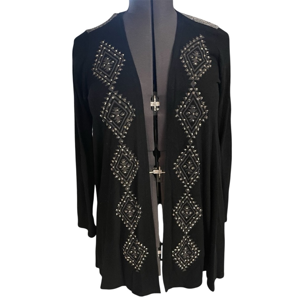 Vocal Rhinestone Black & Grey Long Cardigan Sweater Made in USA Sz M